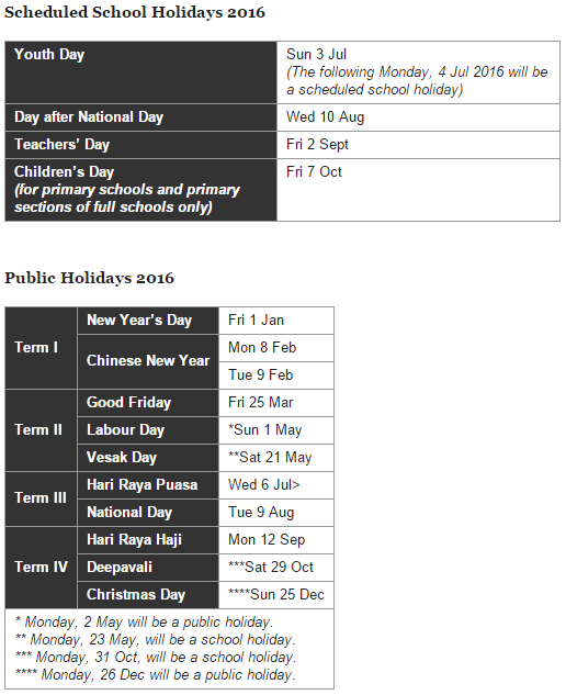 Scheduled School Holidays 2016