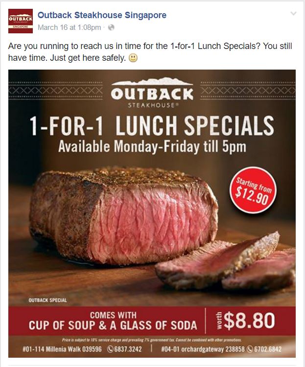 Outback Steakhouse 1for1 Lunch Specials (From 16 Mar 16