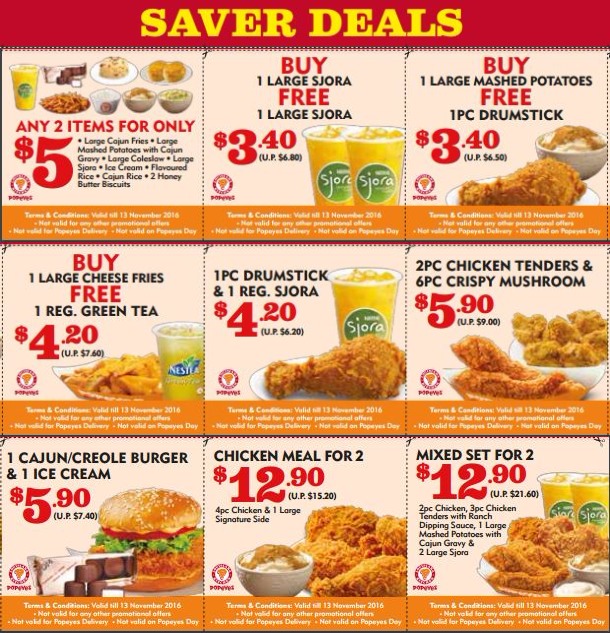 Popeyes releases a set of coupon deals for use till 13 Nov 16