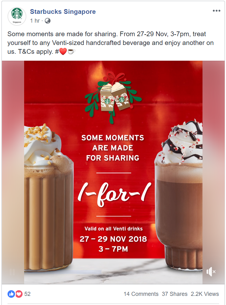 From 27 – 29 Nov 18, enjoy 1-for-1 Venti-sized drinks at Starbucks - 1