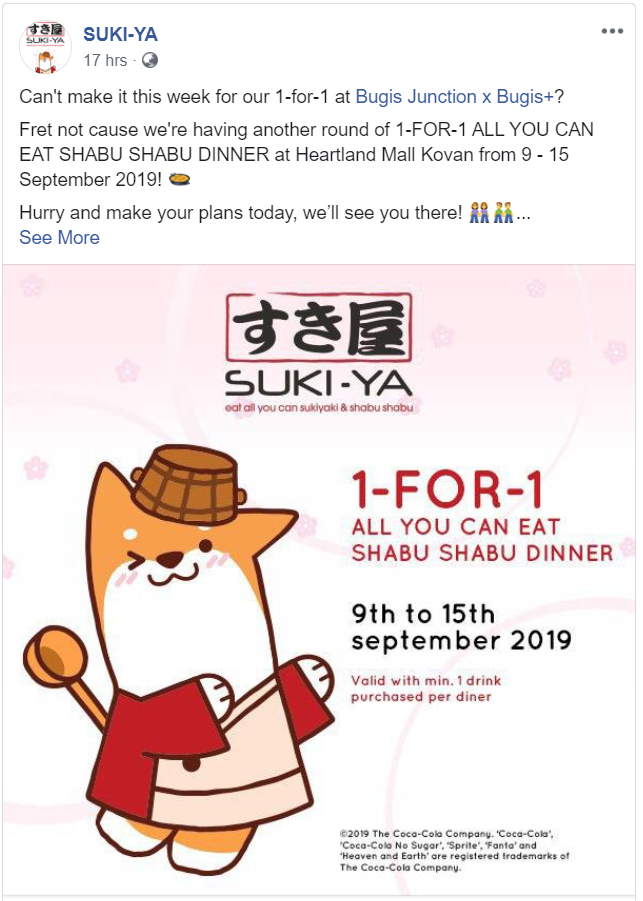 Enjoy 1-for-1 All-You-Can-Eat Shabu Shabu Dinner at SUKI-YA Heartland Mall from 9 – 15 Sep 19 - 1