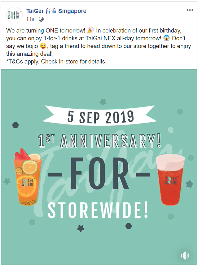 TaiGai celebrates 1st anniversary with 1-for-1 drinks at nex on 5 Sep 19 - 1