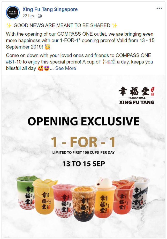 Xing Fu Tang is offering 1-for-1 drinks at Compass One from 13 – 15 Sep 19 - 1