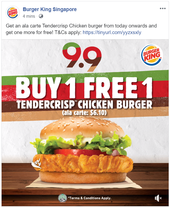 Burger King is offering 1-for-1 Tendercrisp Chicken burger on 9 Sep 19, Because #9.9 - 1