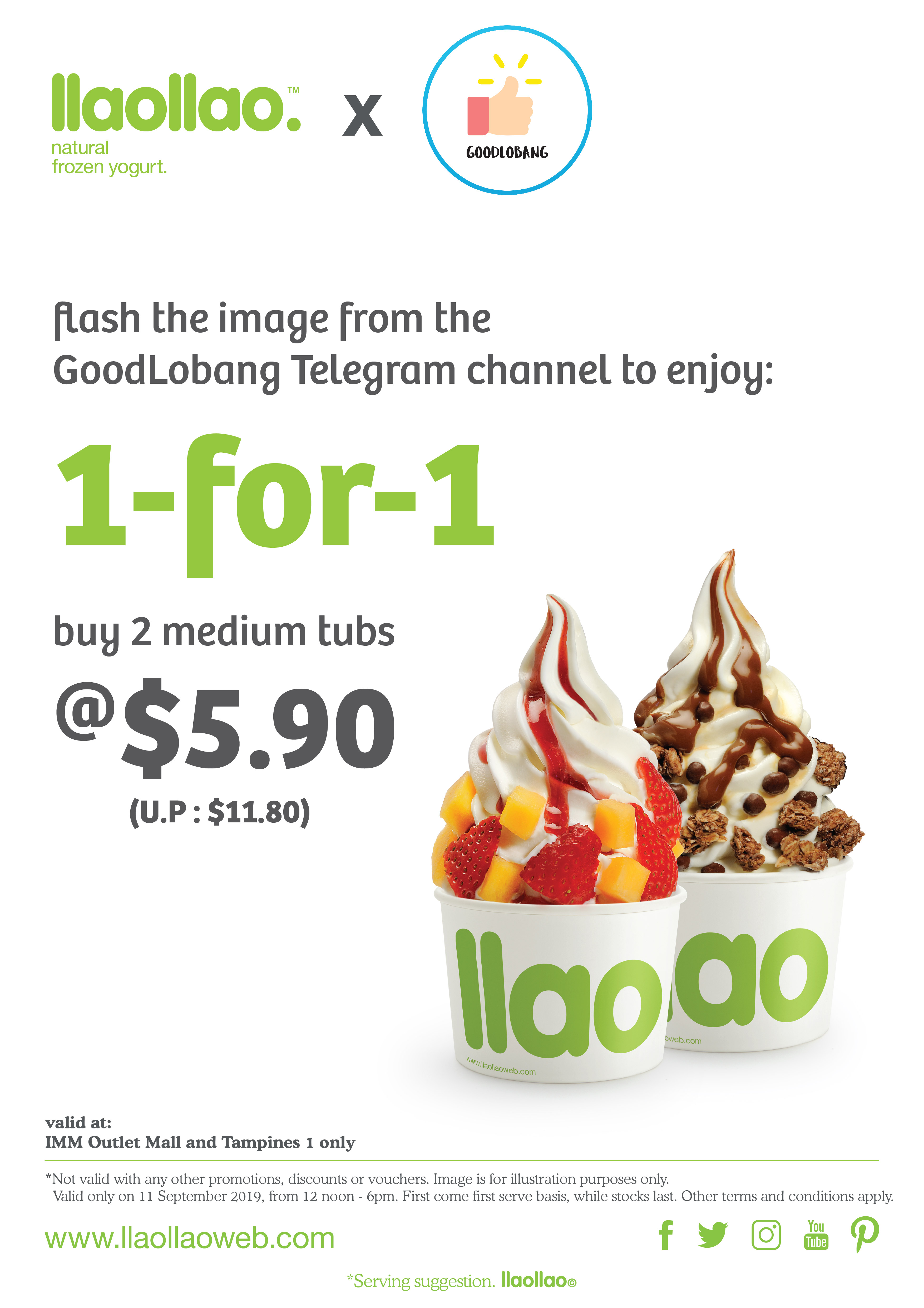 llaollao will be offering 1-for-1 Medium Tubs at $5.90 (U.P. $11.80) on 11 Sep 19 - 1
