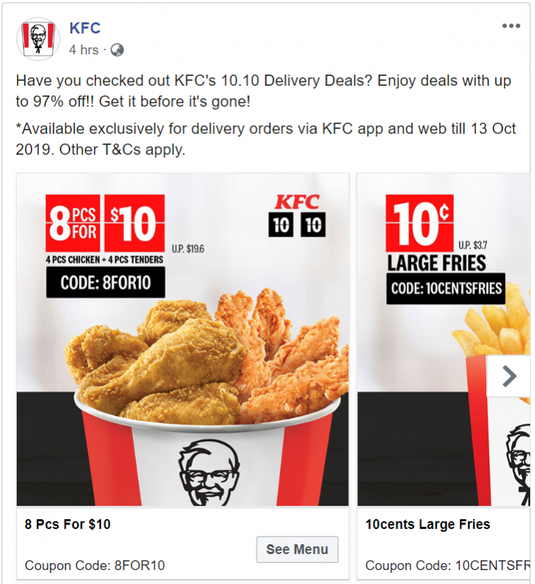 These KFC Delivery promo codes let you enjoy 0.10 Large Fries and 10