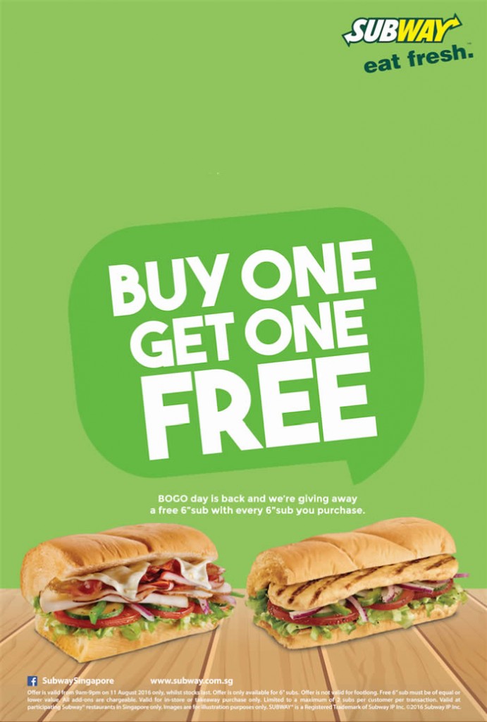 Subway is having a Buy One Get One Free Day for every 6" Sub purchased