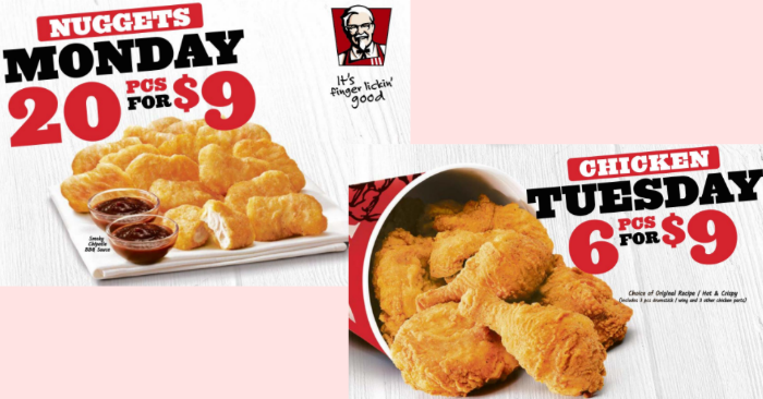 Kfc S Limited Time Offer On Monday And Tuesday Pay Just 9 To E 20 Pcs Nuggets Or 6 En