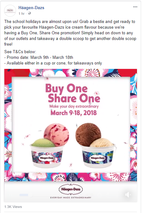 Häagen-Dazs is offering “Buy One Get One” Double Scoop Ice Cream from 9 – 18 March 2018 - 1