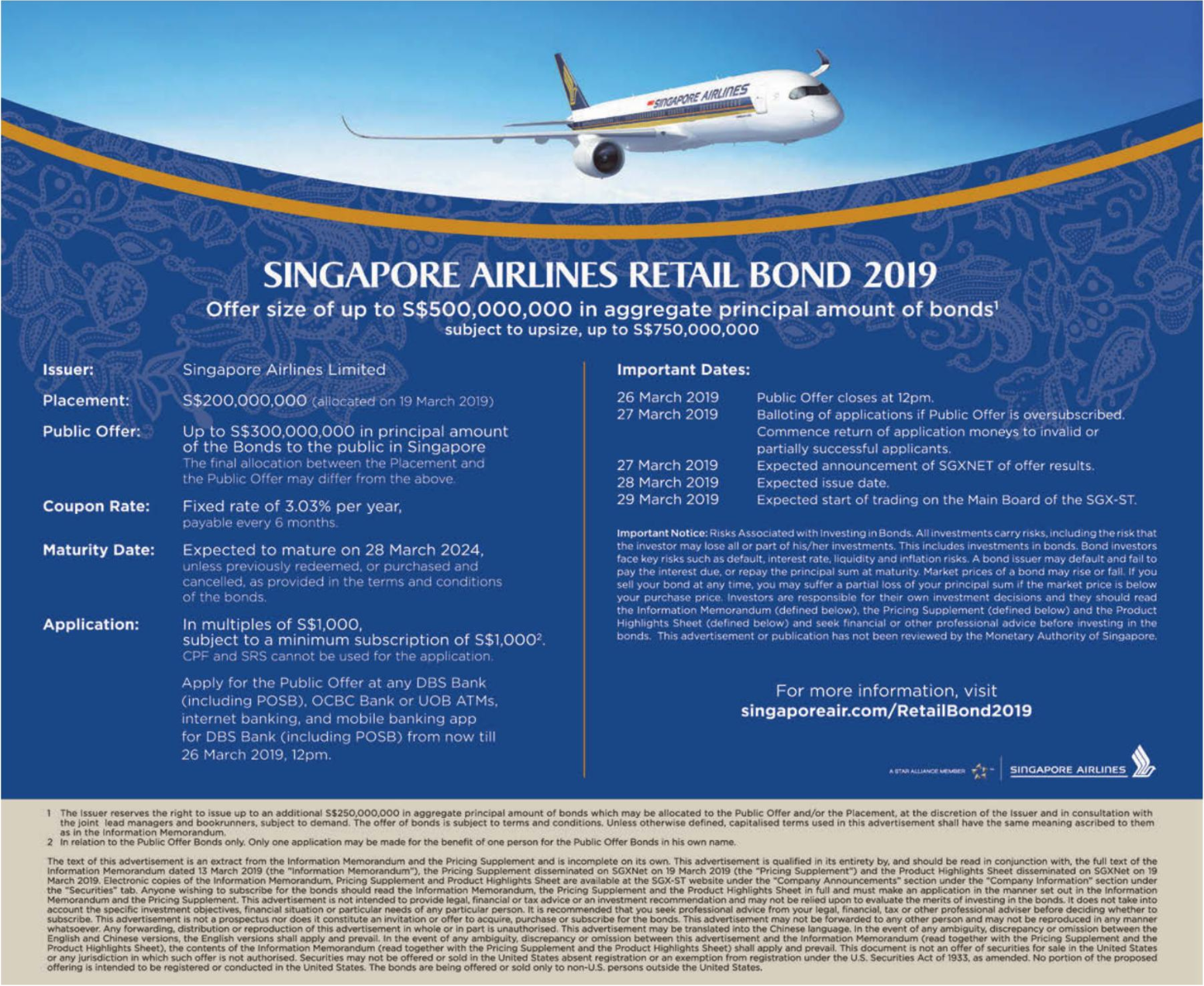 Receive a fixed interest of 3.03% per annum with Singapore Airlines's Retail Bond 2019