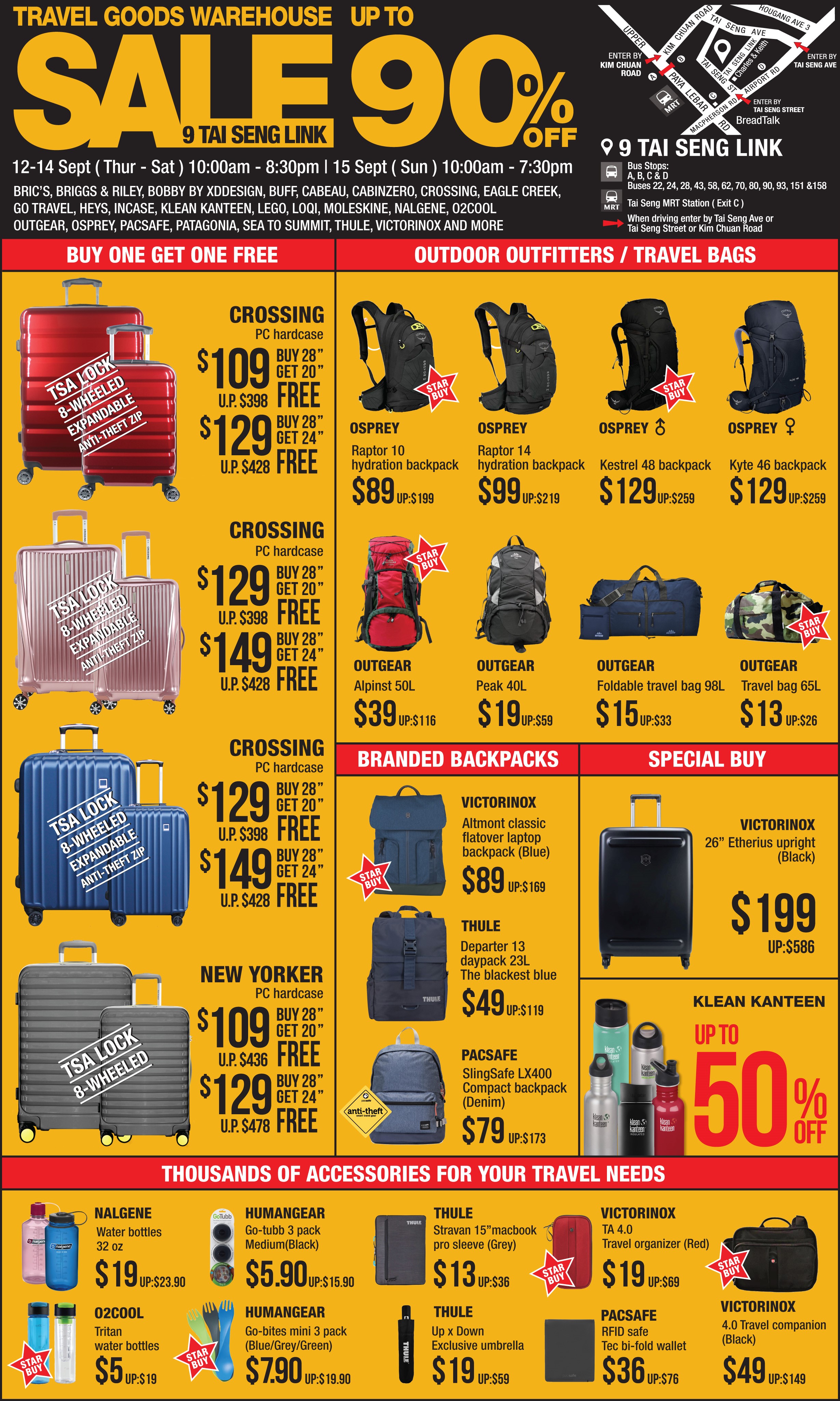 The Planet Traveller Warehouse Sale at Tai Seng has Buy-1-Get-1-Free Luggage and up to 90% off deals from 12 - 15 Sep 19