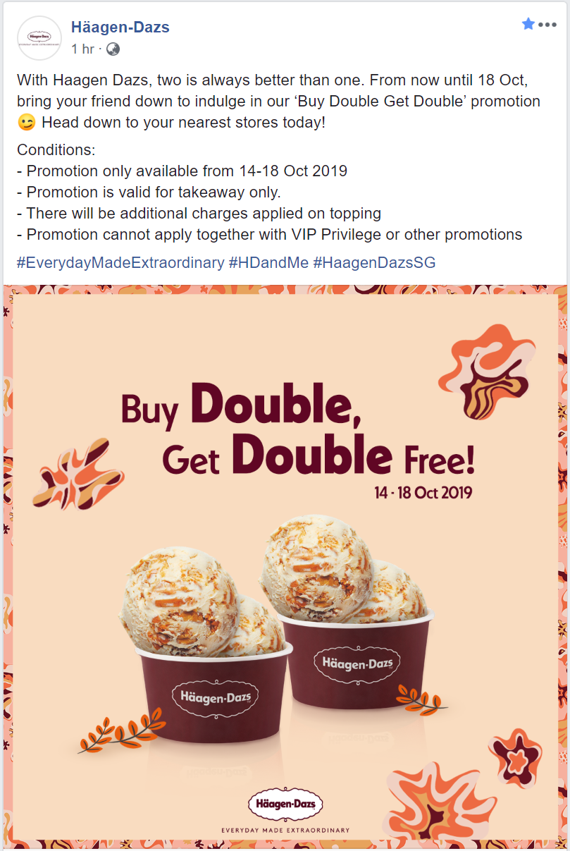 Häagen-Dazs is offering 1-for-1 Double Scoop Ice Creams from 14 – 18 Oct 19 - 1
