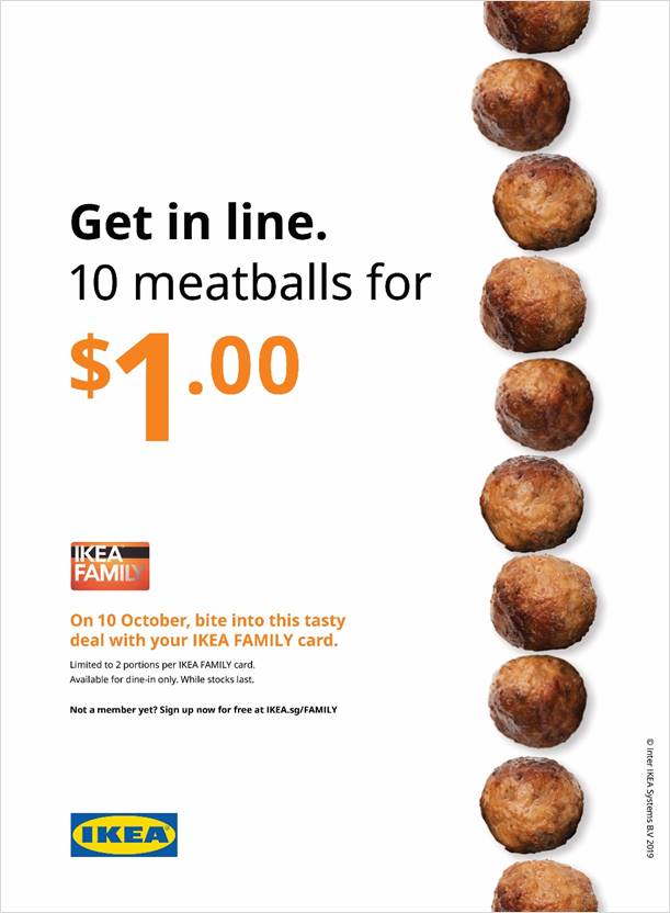 IKEA is selling 10 meatballs for $1 on 10 Oct 2019