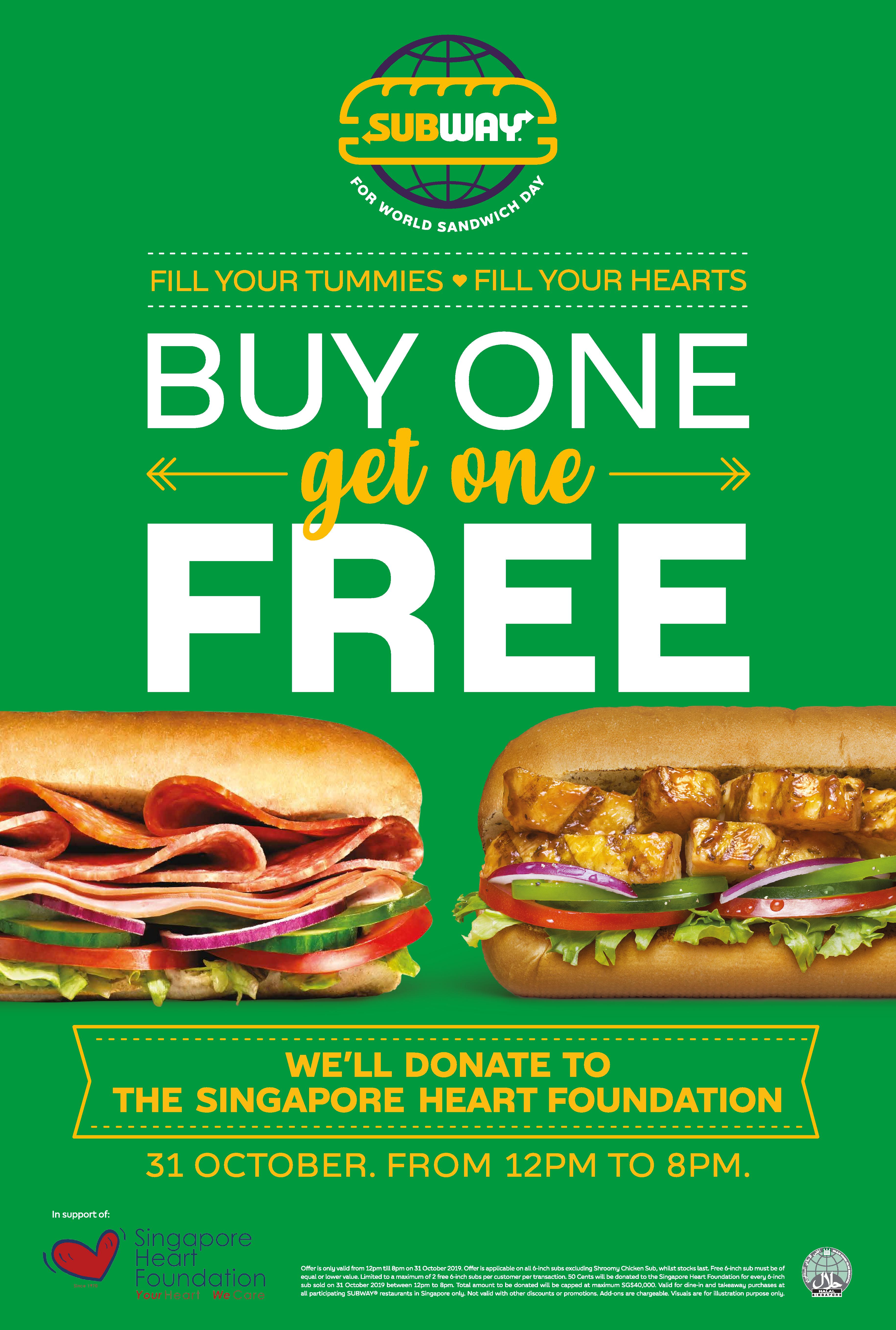 Subway celebrates World Sandwich Day with 1-for-1 subs on 31 Oct 19, donates $0.50 for every sub sold to the Singapore Heart Foundation - 1
