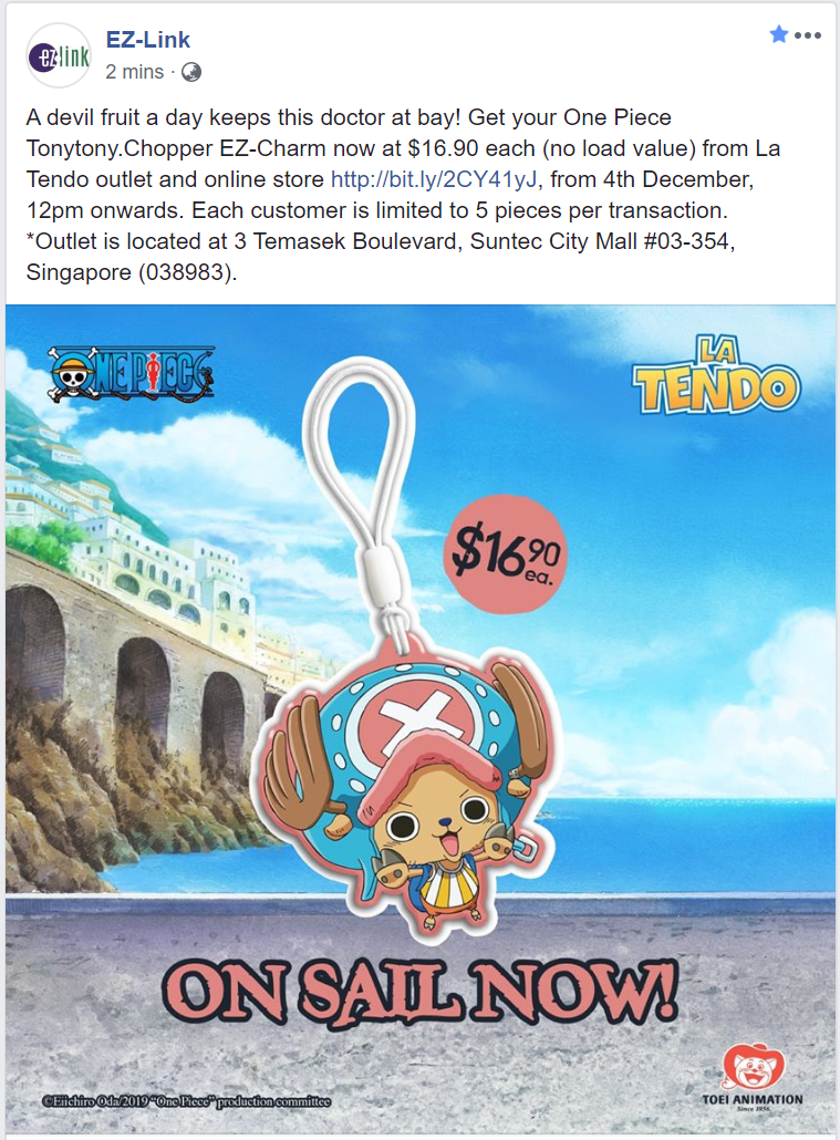 EZ-Link will be launching a One Piece Tony Tony Chopper EZ-Charm from 4 December 2019 - 1