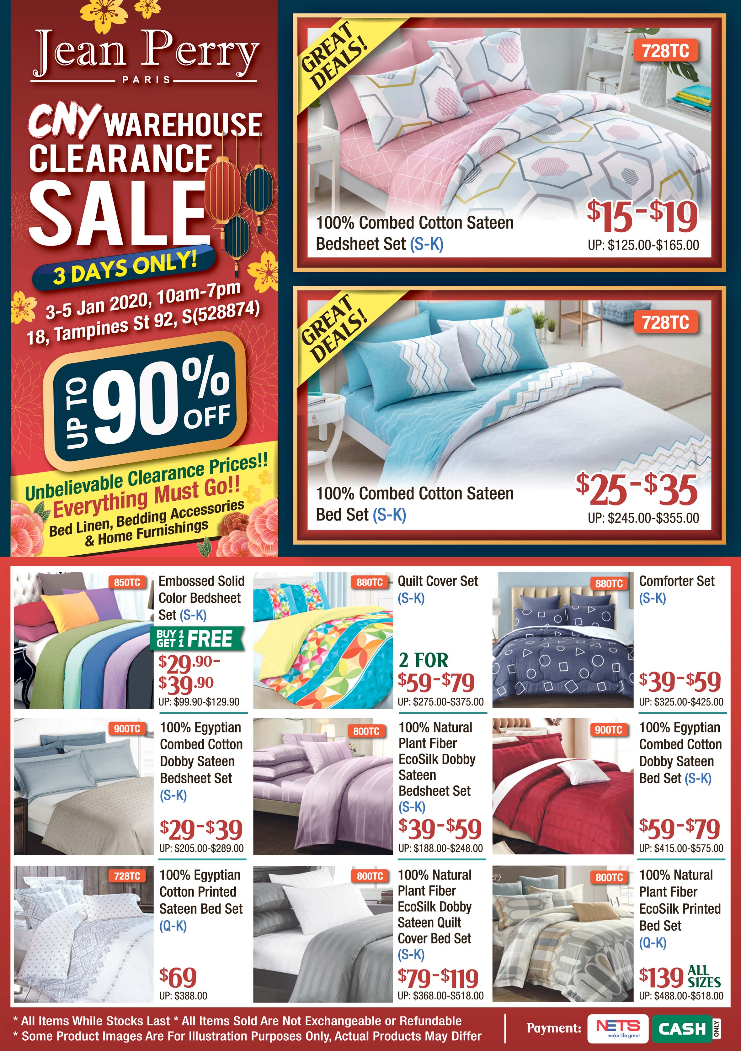 Warehouse clearance sale (up to 90% off) for bedsheets, comforters & other home furnishings at Tampines from 3 – 5 Jan 2020 - 1
