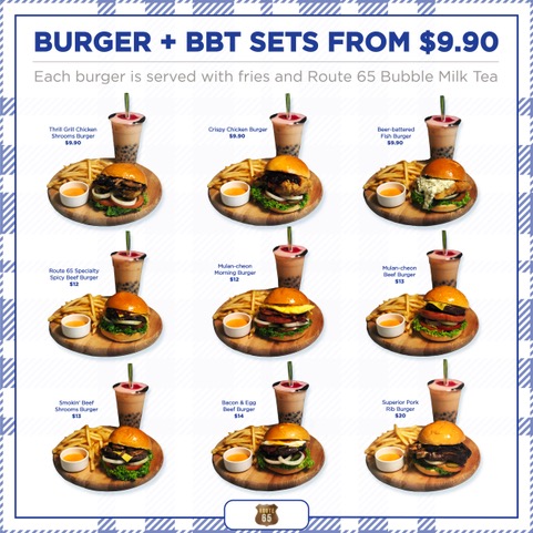 Route 65’s Burger & Bubble Tea combos from ONLY $9.90, with Islandwide Delivery! - 1