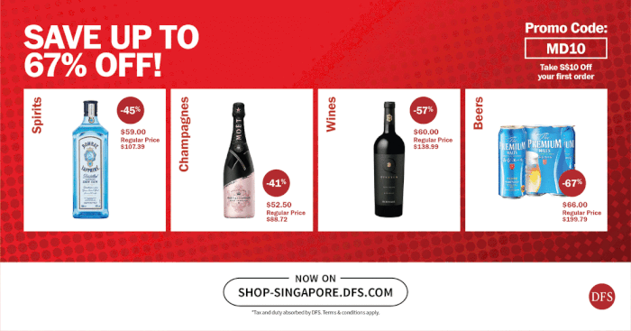 Over 200 wines, spirits, champagnes and beers at up to 65% off at DFS Online Store, 24 cans Tiger Beer selling for $34.16