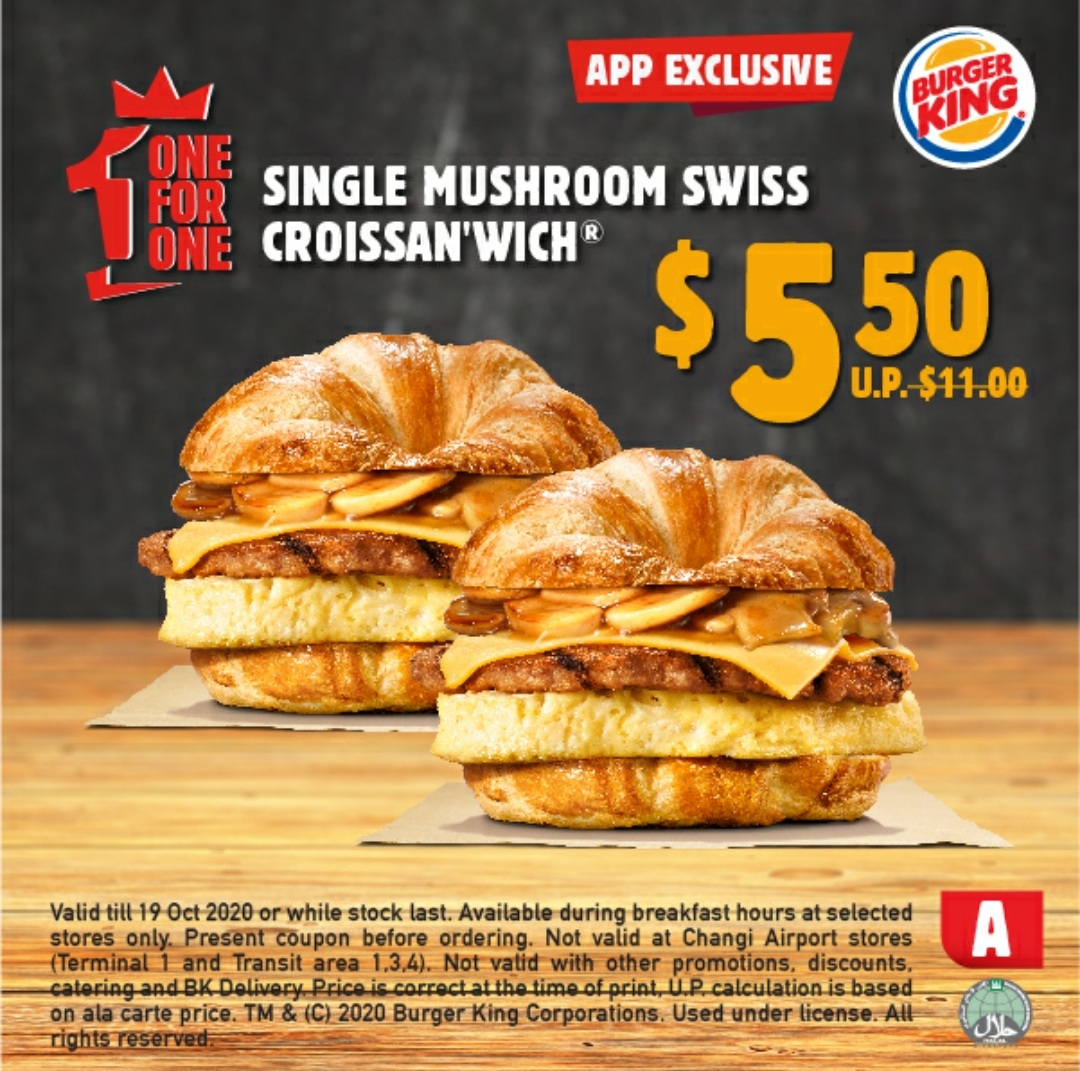Burger King offering 1-for-1 Single Mushroom Swiss and more from 14 Sep – 19 Oct 20 - 1