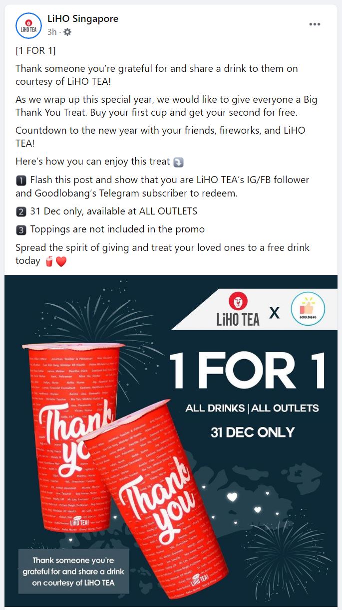 31 Dec Only: 1-for-1 promo on all LiHO Drinks at all outlets - 1