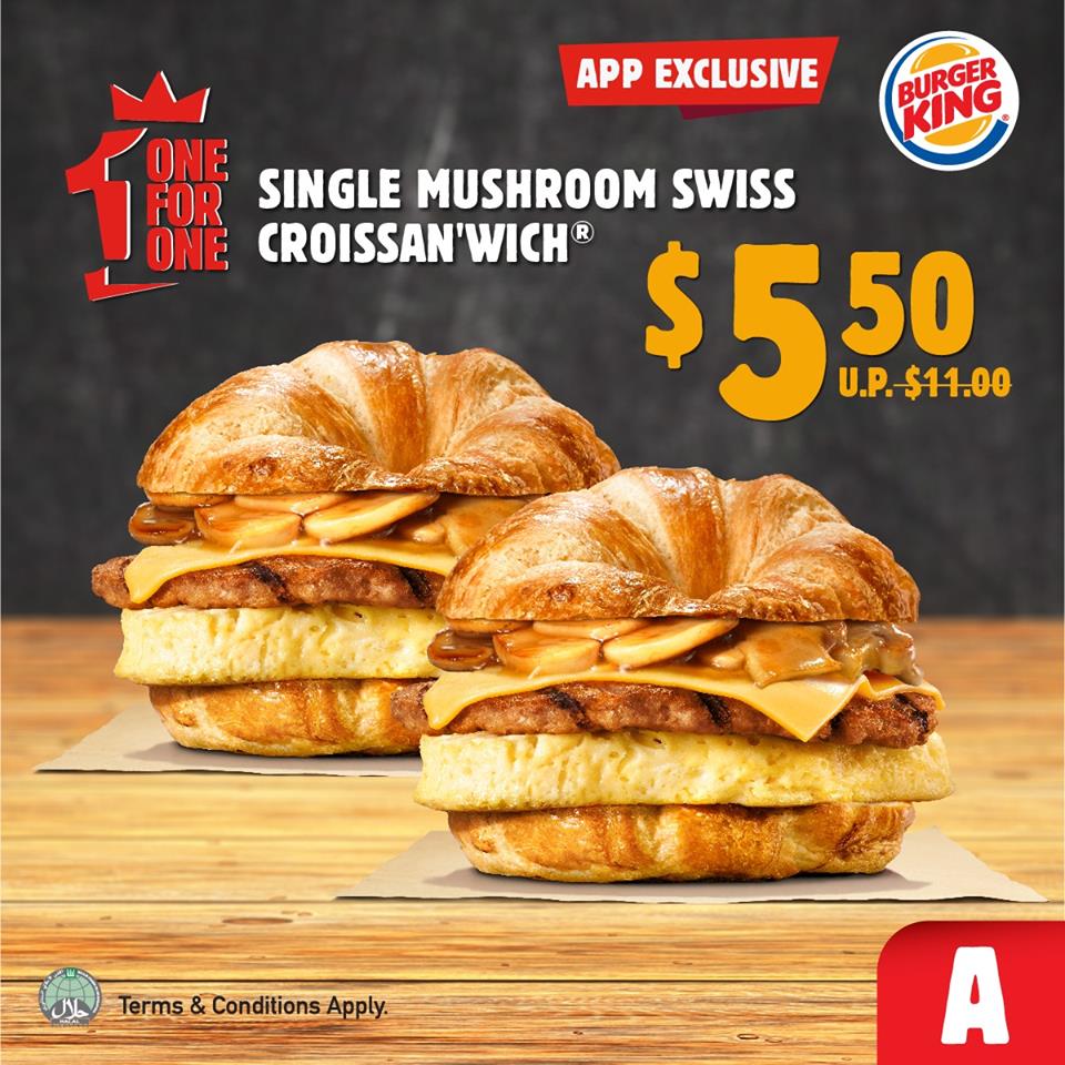 Burger King offering 1-for-1 Mushroom Swiss burgers, 1-for-1 Double Cheeseburgers and more from now till 31 Jan 2021 - 1