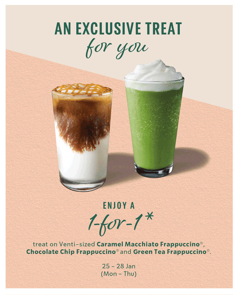 Starbucks offering 1-for-1 selected beverages from 25 to 28 Jan 2021 - 1