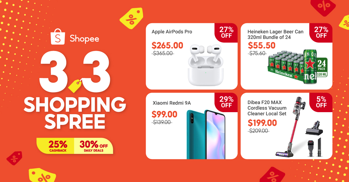 Look out for plenty of 30% off daily deals to $0.30 deals during the Shopee 3.3 Shopping Spree
