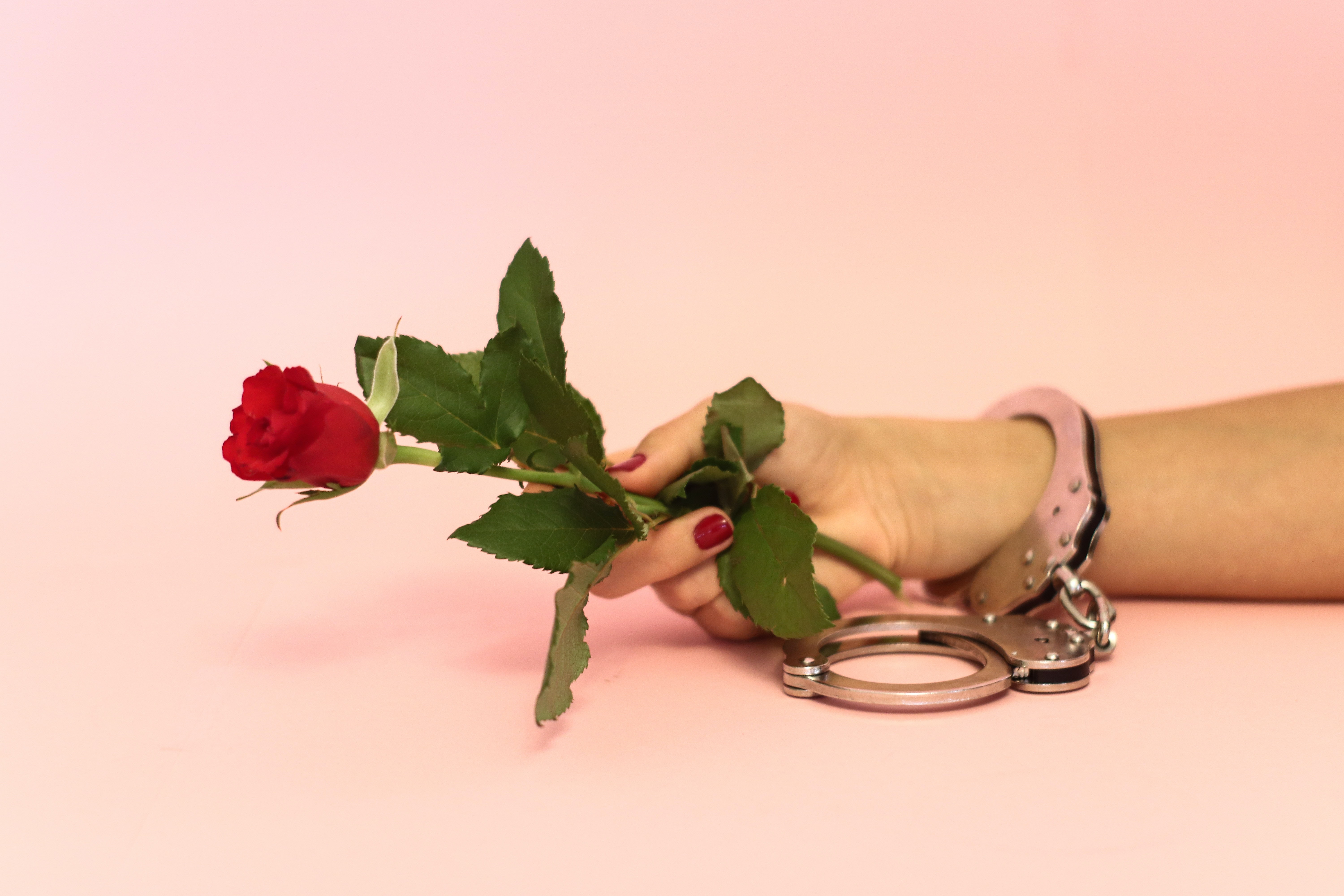 holding a rose in handcuffs