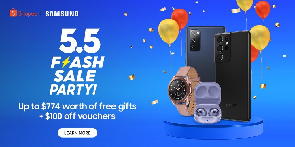 Receive Samsung Galaxy Watch Active2, Galaxy Buds Live Earbuds & more with purchase of Galaxy S21 smartphones during the Samsung 5.5 Flash Party on Shopee