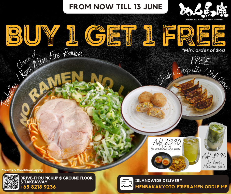 Menbaka Fire Ramen Buy 1 Get 1 Deal with Islandwide Delivery and Drive-Thru Pick Up Deals!