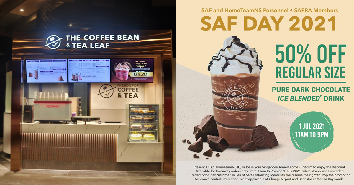 50% off Pure Dark Chocolate Ice Blended Drink at The Coffee Bean & Tea Leaf for SAF and HomeTeamNS Personnel on 1 Jul 21