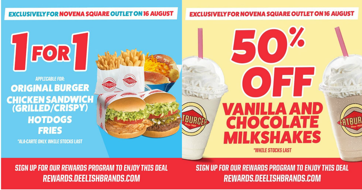 Fatburger offering 1-for-1 and 50% off burger, hotdog, fries and milkshakes on 16 Aug 2021