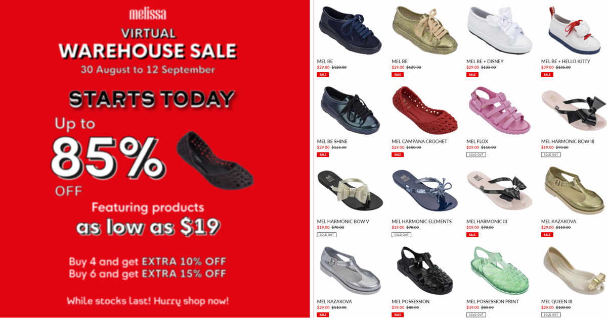 Melissa Shoes runs online warehouse sale offering discounts at up to 85% off! Price starts from $19 a pair (U.P. $100 - $150)