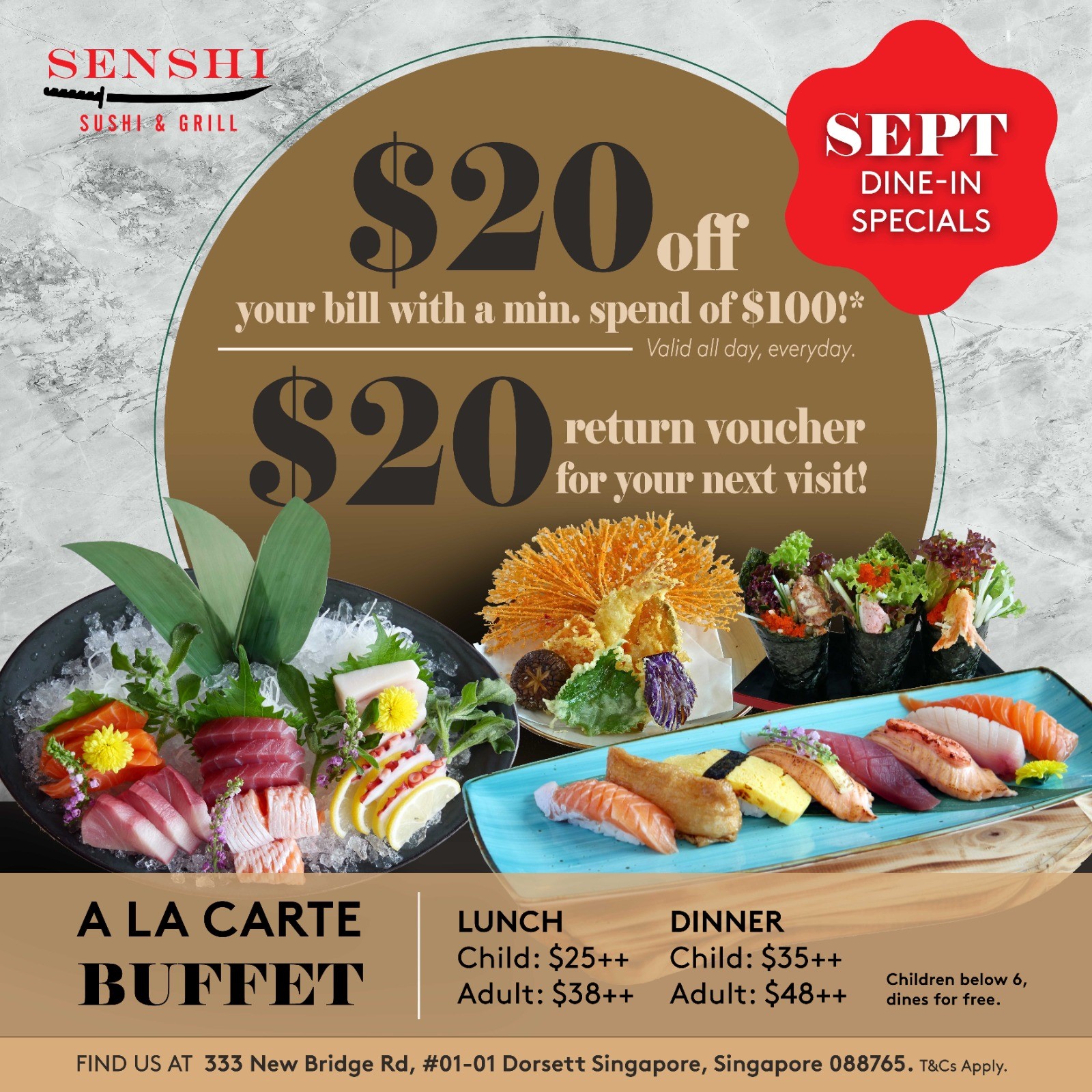 Enjoy $20 off plus a $20 voucher for your next meal, when you dine-in @ SENSHI for the entire month of September (all day, everyday!)