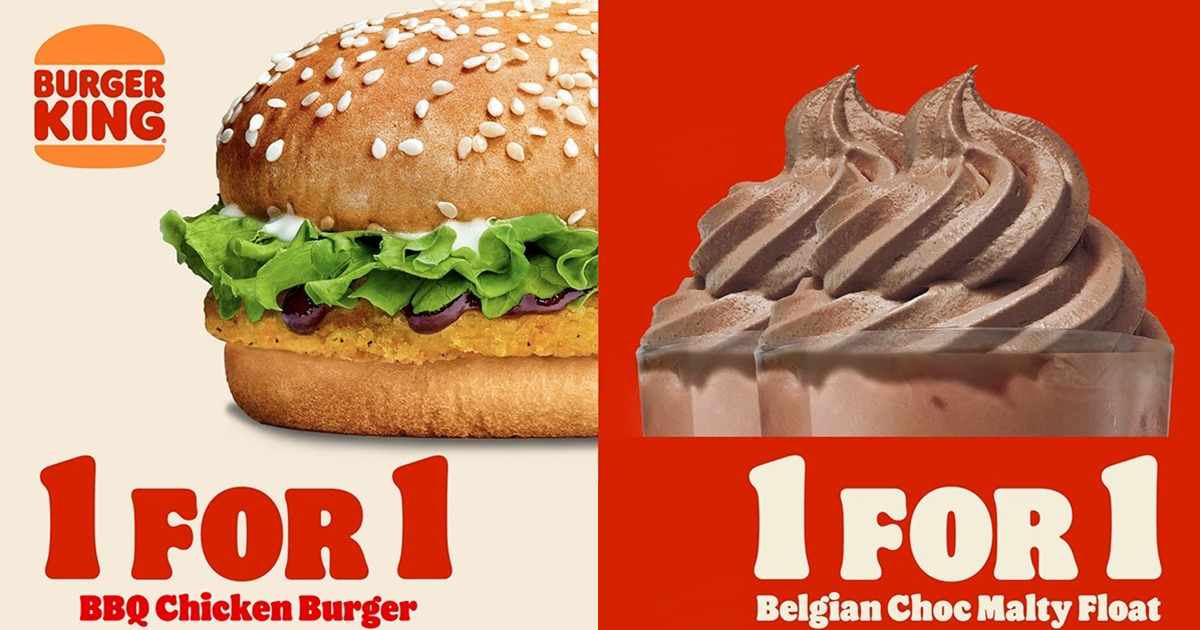 Burger King: 1-FOR-1 BBQ Chicken Burger & Belgian Choc Malty Float at Buona Vista CC from 3 - 16 Sep 21