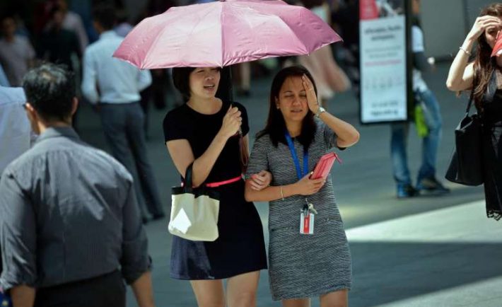 two office workers under an umbrella