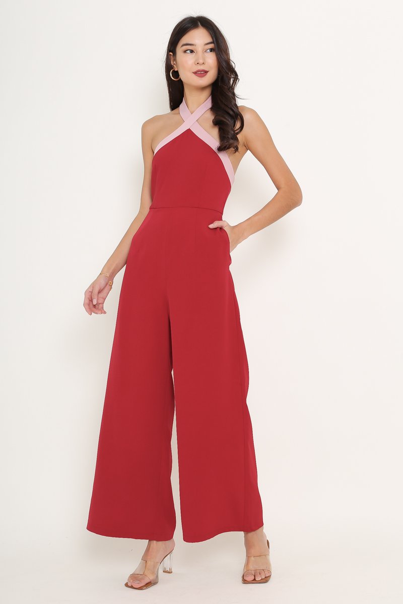 Clara Colorblock Jumpsuit (Wine Red)