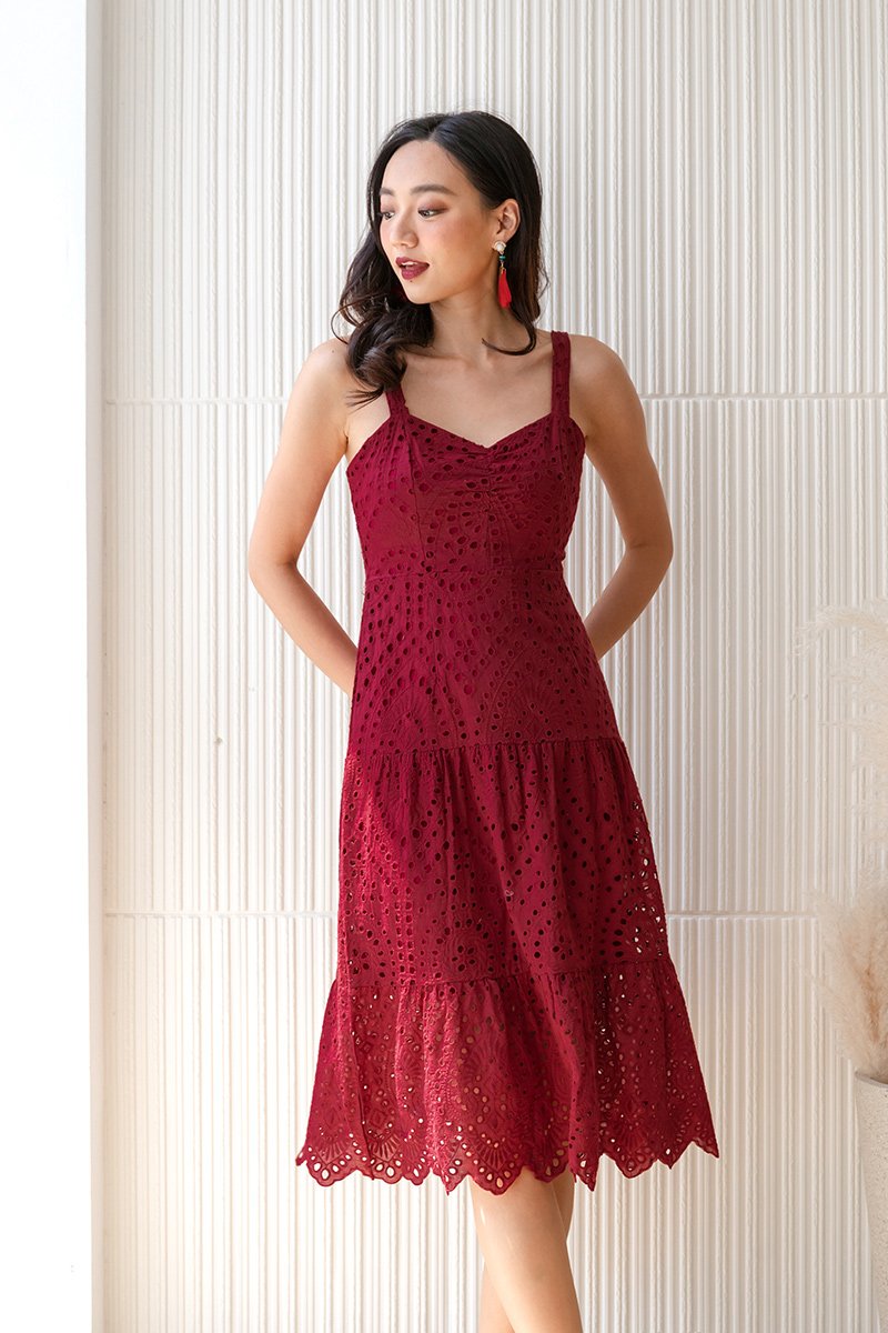 Garden Fit Tiered Broderie Midi Dress Burgundy Red