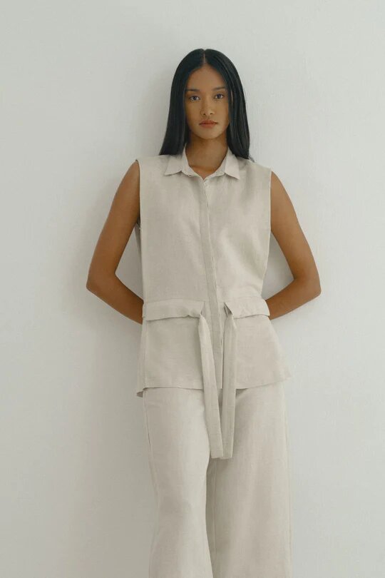 Belted Linen Viscose Vest Top in Sand Beige