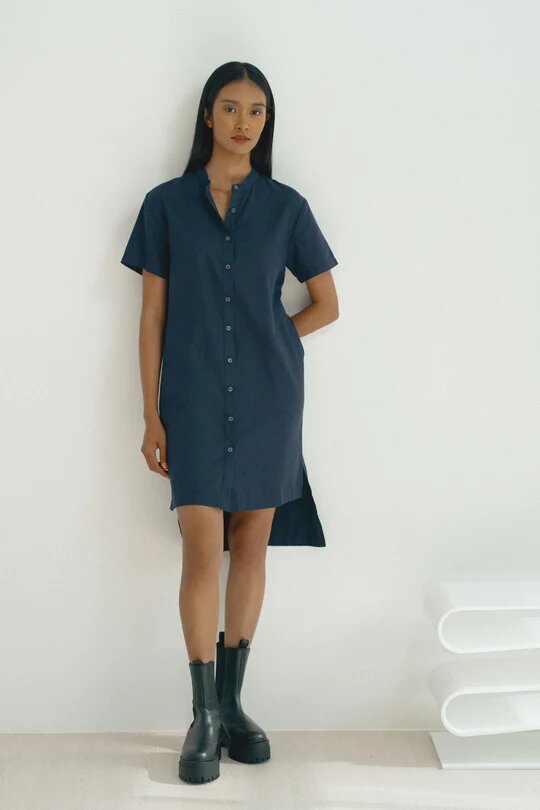 Crew-Neck Side Slit Cotton Shirt Dress