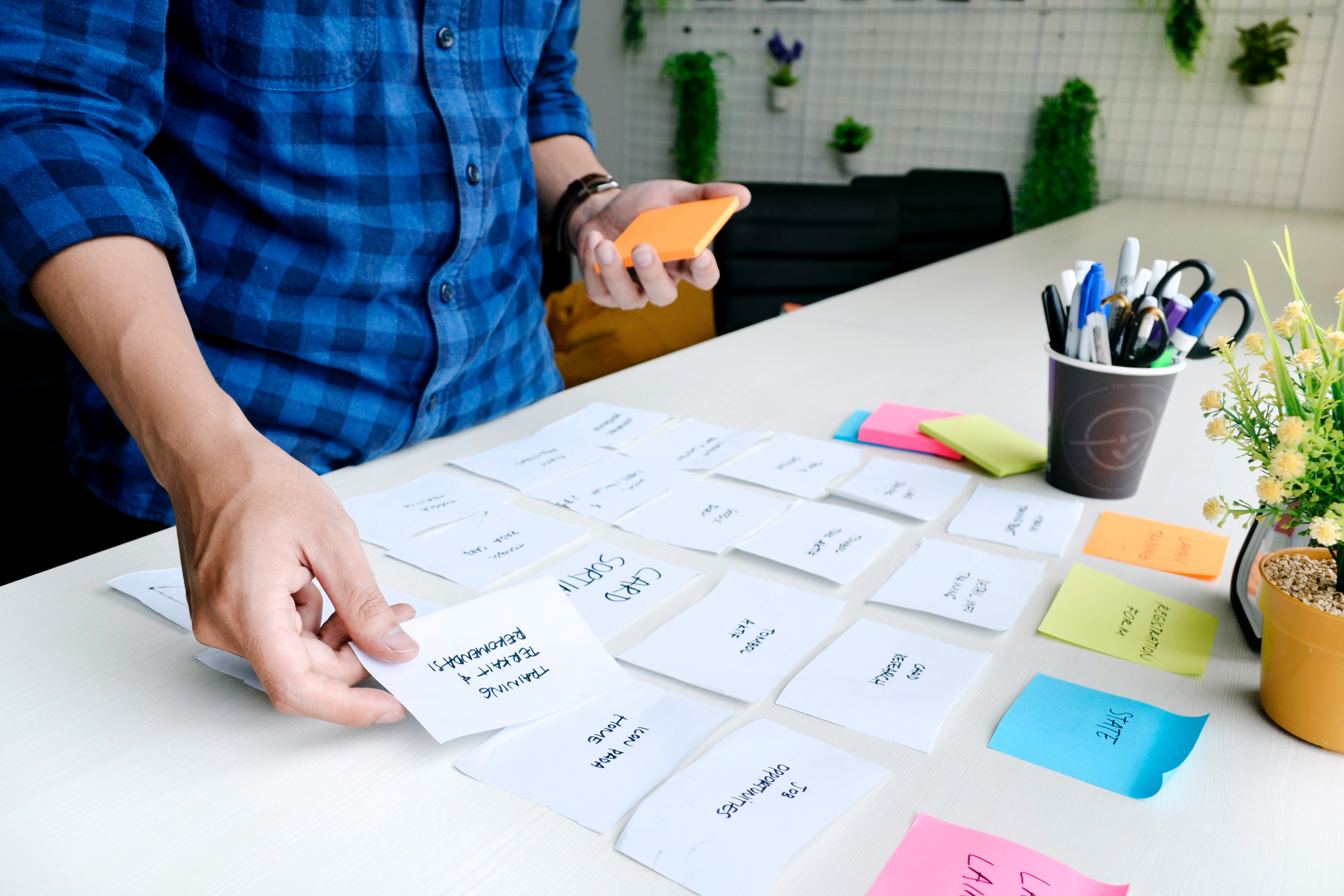 a man organizing post-its