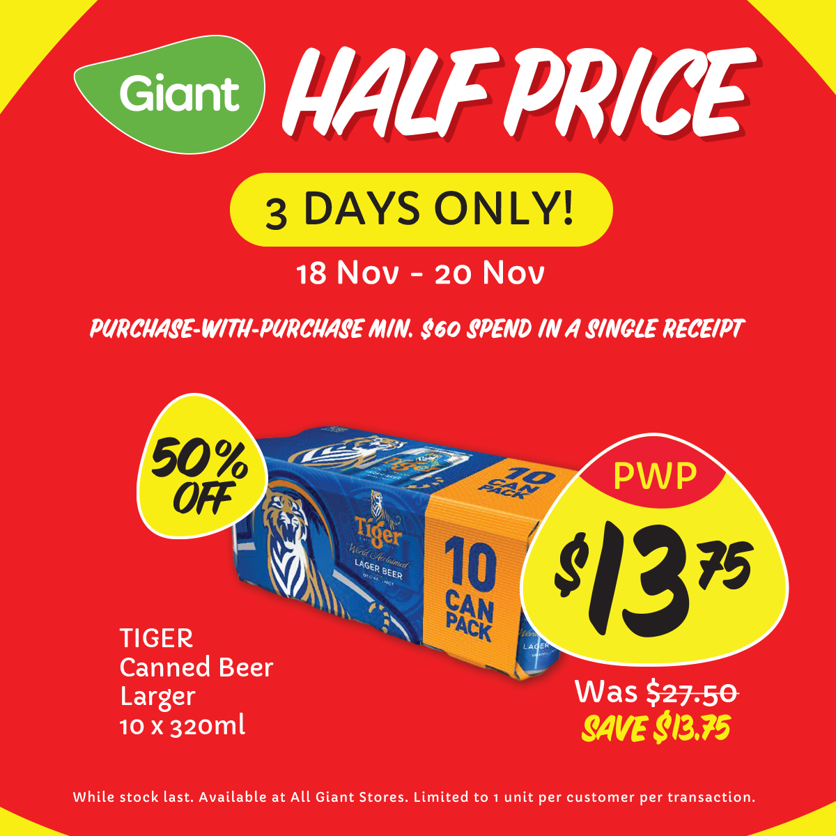 Lobang: Giant is offering 50% off Tiger Canned Beer with minimum purchase, costs only $1.38 per can from 18 - 20 Nov 22 - 3