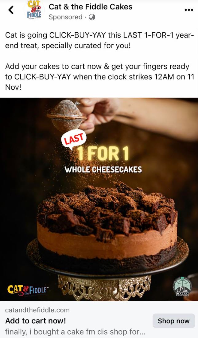 Lobang: 11.11 Promo: 1-FOR-1 Whole Cheesecakes at Cat & the Fiddles Cake From 11 - 12 November 22 - 3