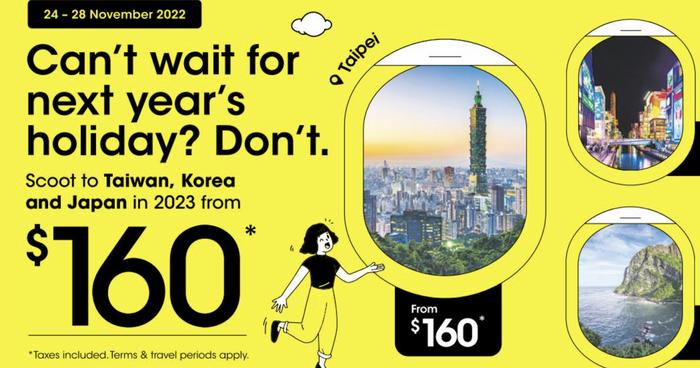 Lobang: Scoot runs 4-day sale to Japan, Korea and Taipei offering promo fares from S$160 when you book from 25 - 28 Nov 22 - 1