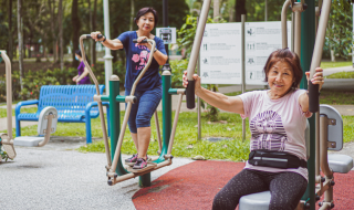 seniors exercising at the fitness corner