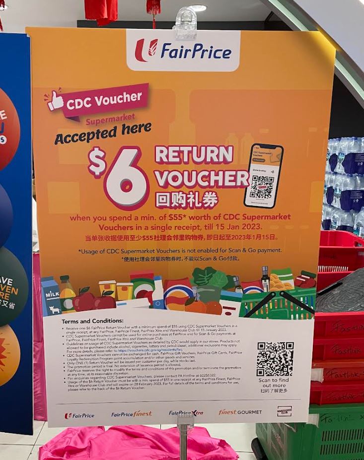 Lobang: FairPrice is giving you a $6 return voucher when you spend your CDC Vouchers from 3 - 15 Jan 23 - 5