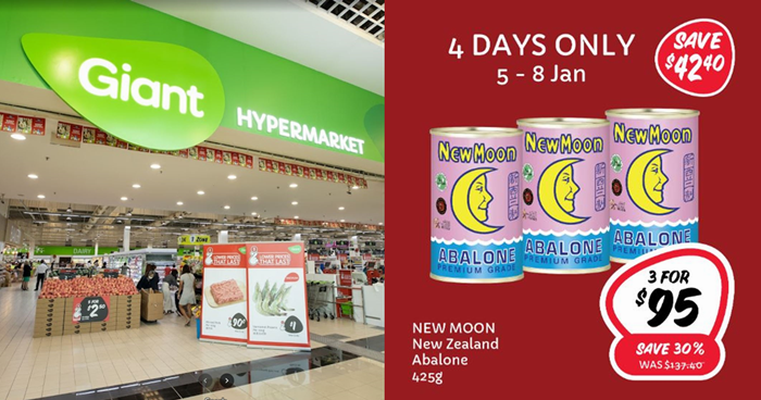 Lobang: New Moon NZ Abalone deal at 3-for-$95 at Giant from 5 - 8 Jan, means you pay only $31.67 each - 1