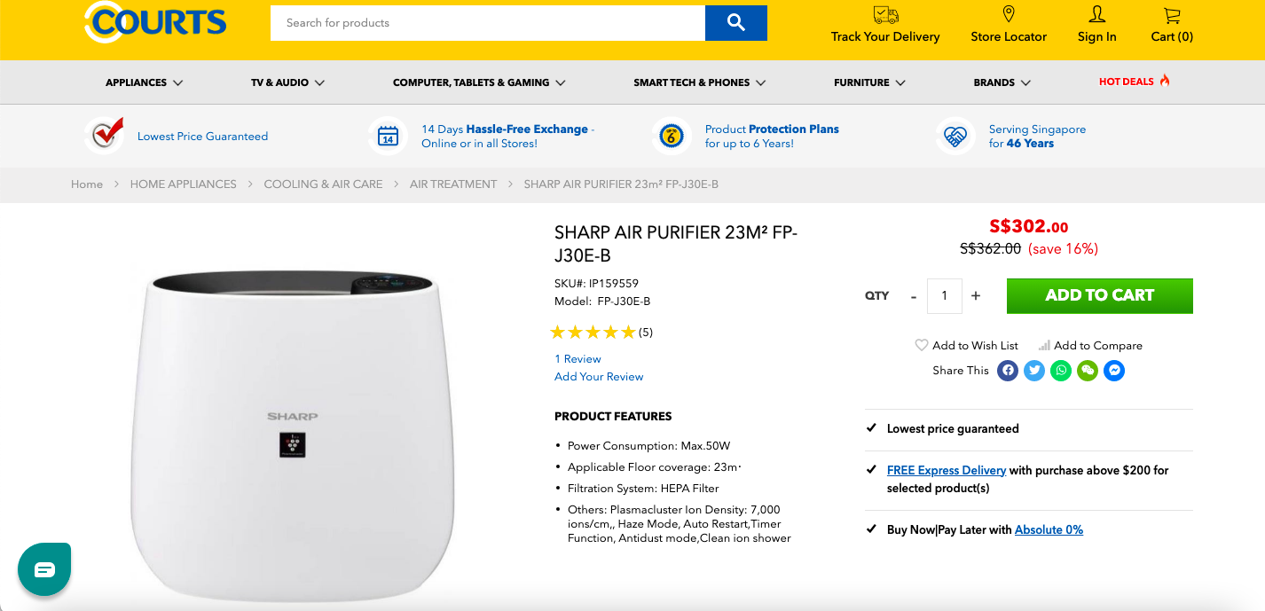 SHARP Air Purifier FP-J30E-B