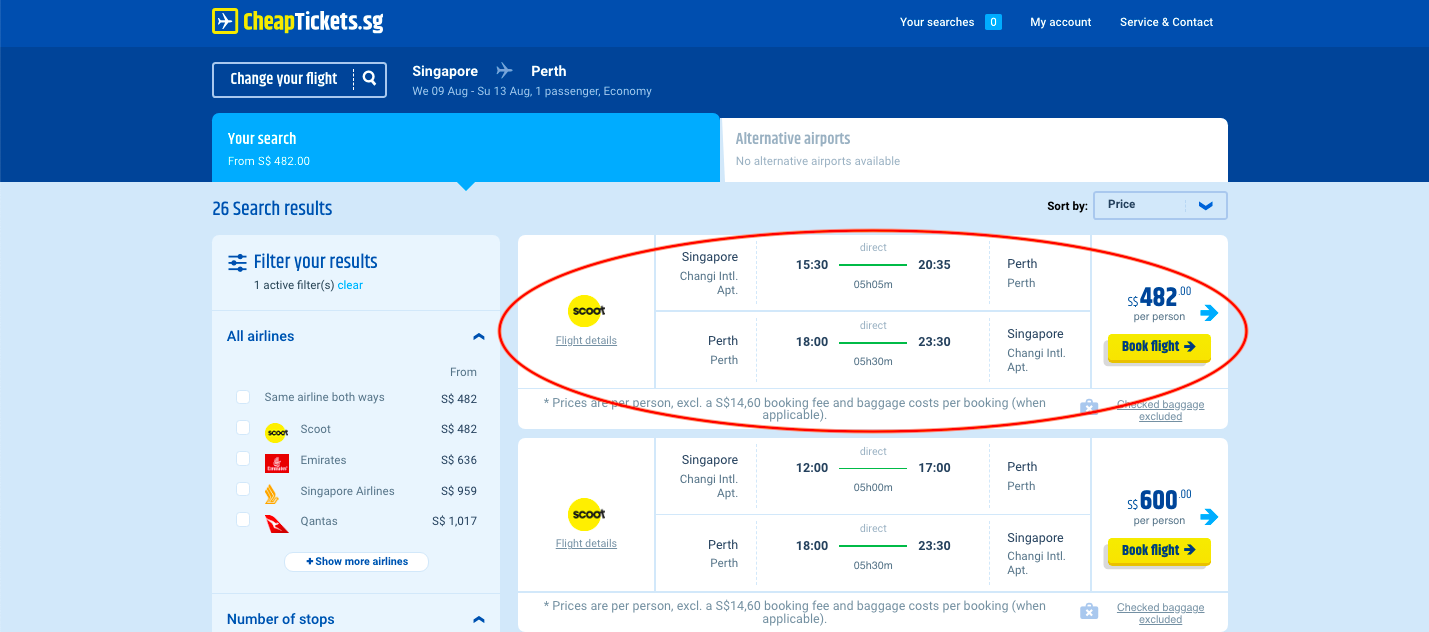 SG to Perth flights