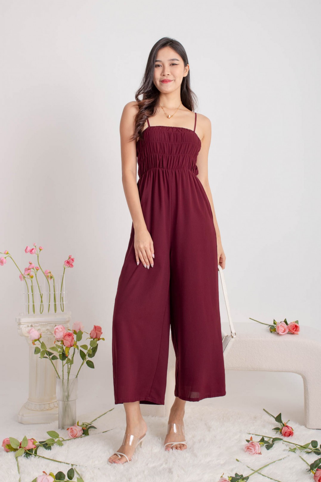 Sonnie Smocked Jumpsuit in Wine